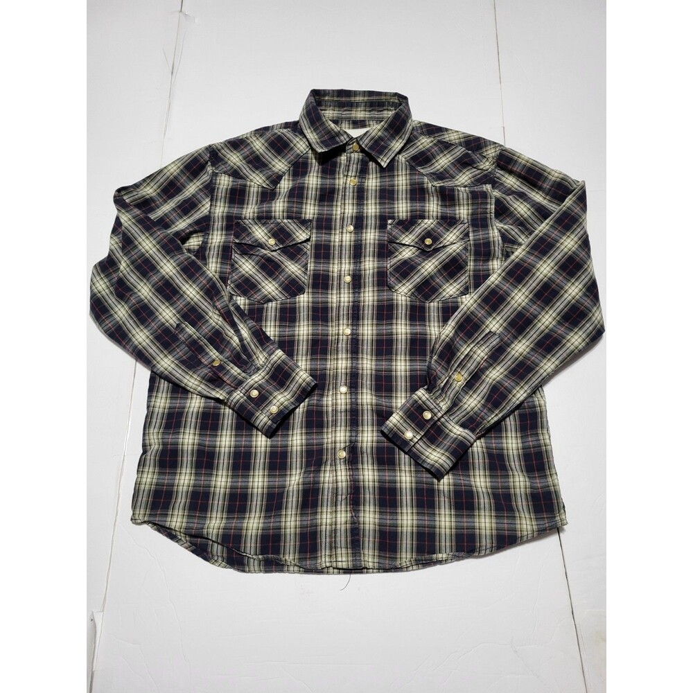 (#18) Ditch Plains Western Pearl Snap Large Red Blue Plaid Roll Tab Sleeve